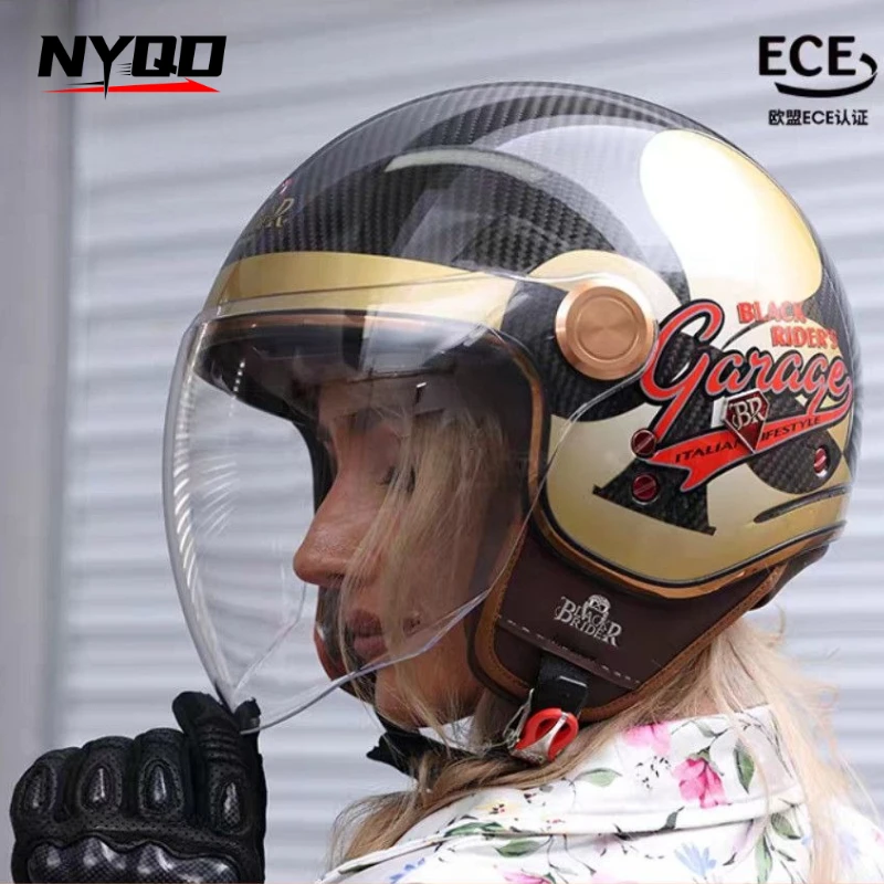 BEON BR20 Carbon Fiber Retro Half Helmet Open Face Motorcycle Vintage Double Lens Helmet Casque Moto Casco Capacete