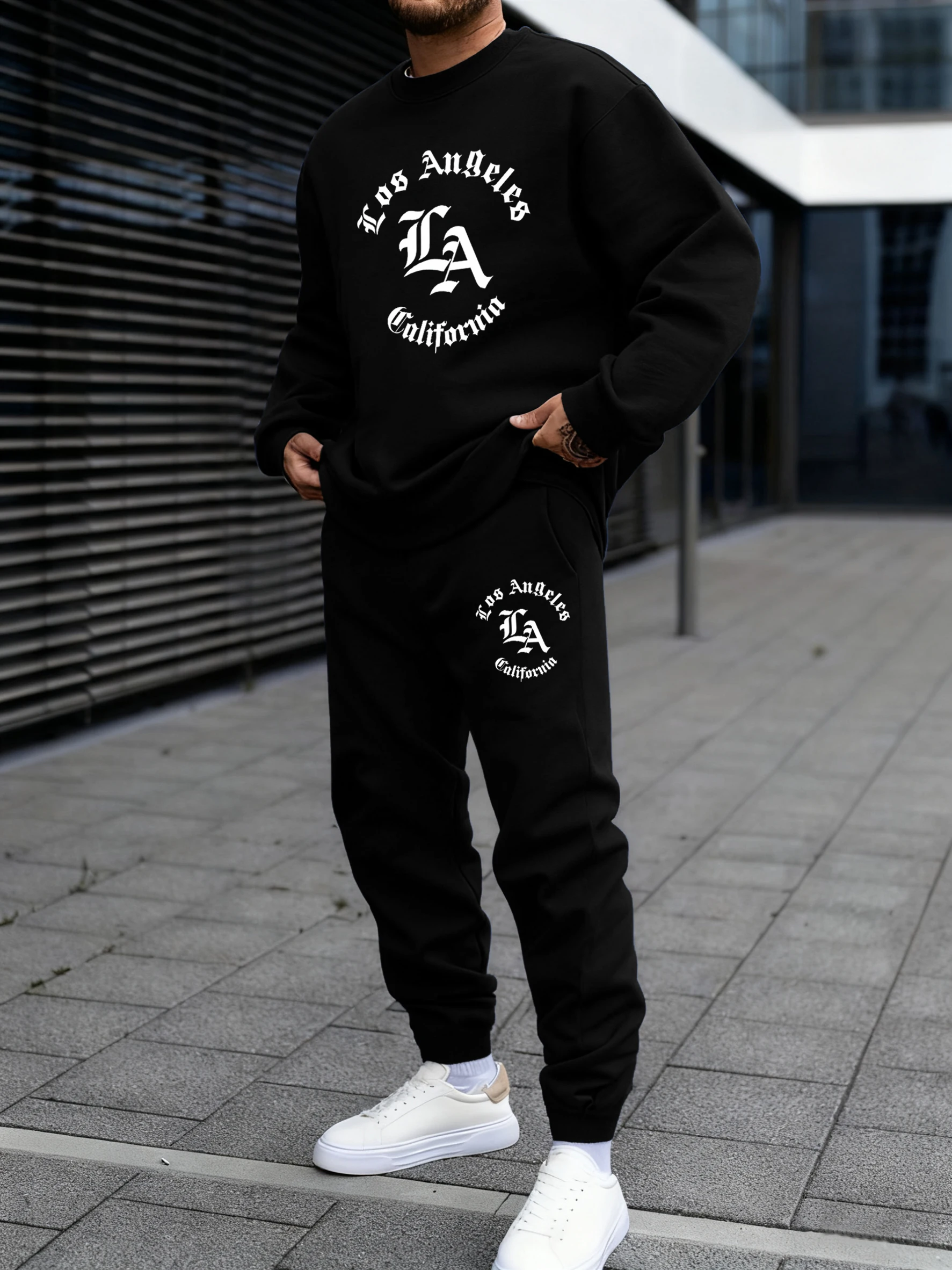 

2026 California Letter Creative Print Men's Jogger Crewneck Soft Hoodie Set