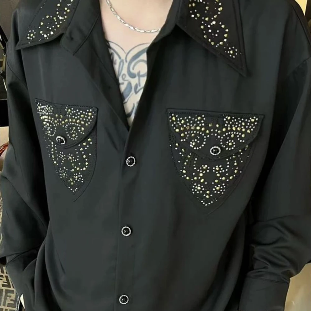Mens Spring Rhinestone Ballroom Shirt Streetwear Fashion Nightclub Stage Performance Trendy Long Sleeve Top Men'S Clothing 2026