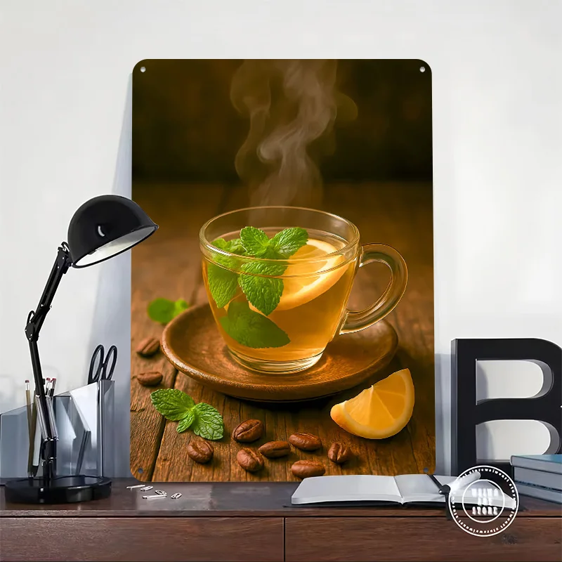 Hot Tea With Lemon and Mint Tinplate Poster Custom Wall Art Vintage Metal Signs Retro Tin Plaque for Bathroom Decor Wand Deko
