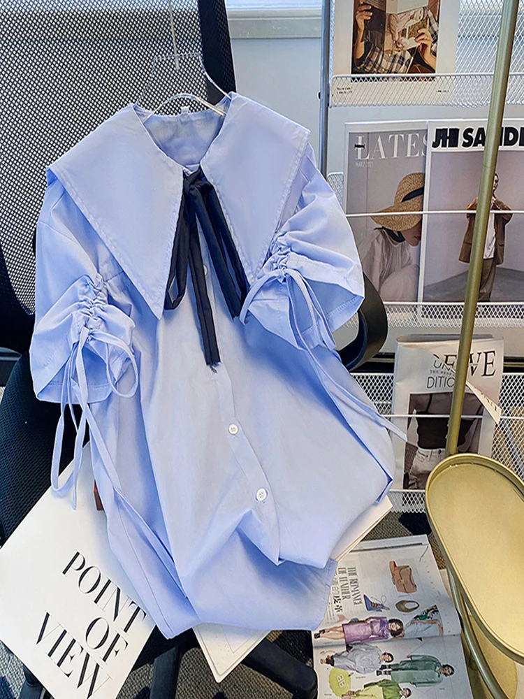 

Loose Blue Short Sleeve Shirt Women's Summer New Style Doll Collar Mid-Length JK Top Sweet Style Pure Color Button Detail