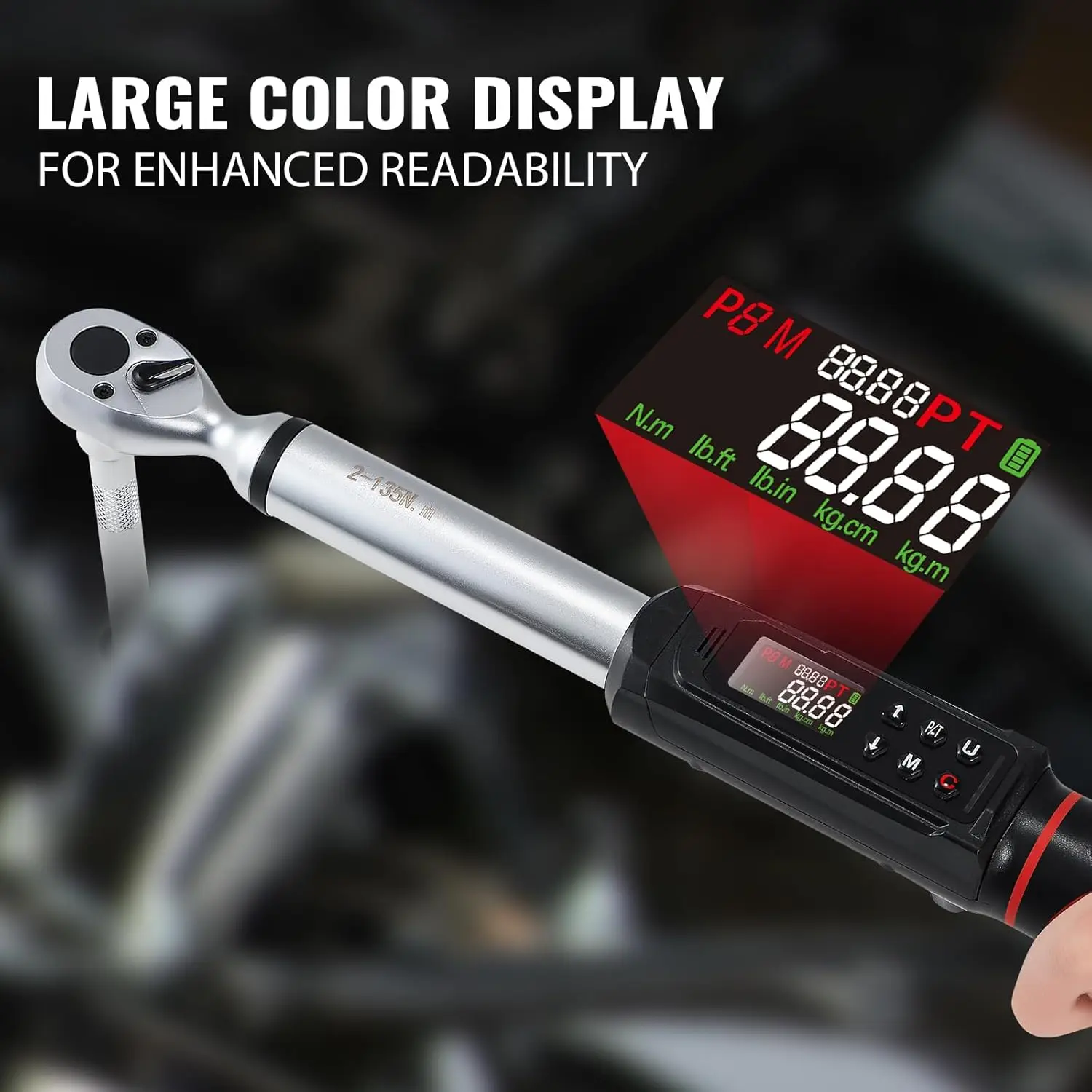 

Digital torque wrench, fitted with a 3/8-inch drive head (1.5–99.6 lb·ft / 2–135 N·m), ±1% accuracy electronic torque wrench set