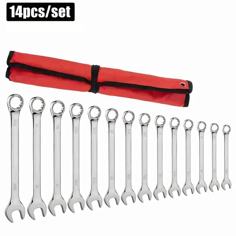 

Набор комбинированных ключей из 14 предметов, открытый конец и коробка - конец двойного назначения, с красной сумкой для хранения, многофункциональный ремонтный комплект