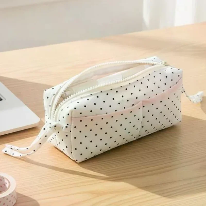 Cute  Polka Dot Pencil Bag Large Capacity Student Pencil Box Makeup Storage Stationery