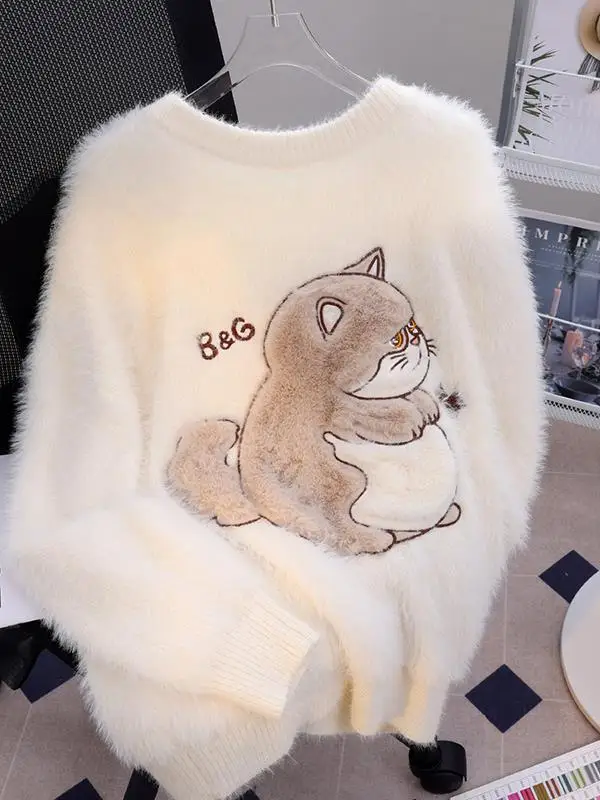 سترة محبوكة من الفرو الصناعي للنساء لخريف وشتاء دافئ طويل Sve مستدير Ne ملابس خارجية للفتيات في المدارس الثانوية #1