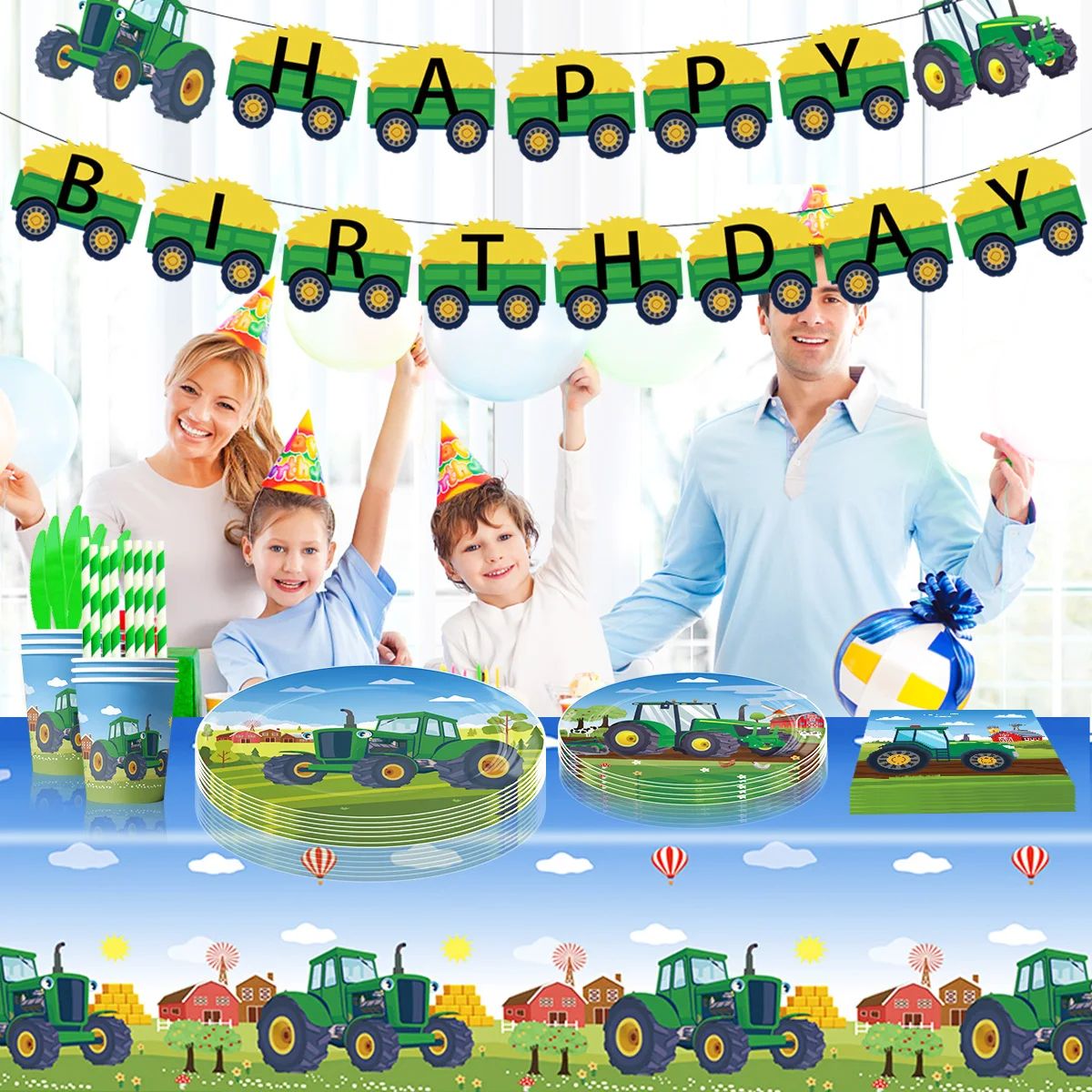 

Farm Green Tractor Baby Party Happy Birthday decoration Banners Plates Napkins Tablecloths Balloon cake boys Excavator Vehicle