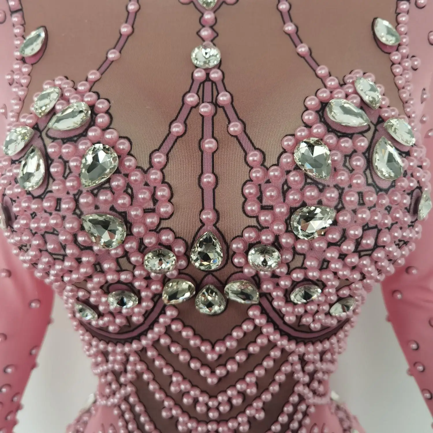 Kostiumy sceniczne dla showgirl, trykoty do tańca DS na imprezę w klubie nocnym, na studniówkę, luksusowe kryształowe, elastyczne, obcisłe różowe kombinezony na urodziny.