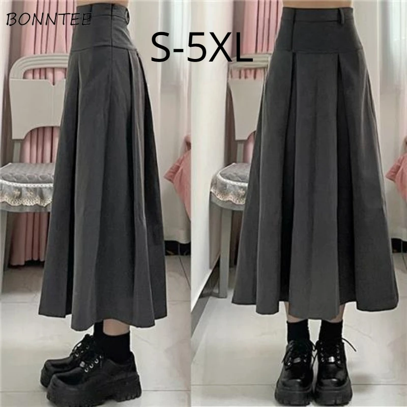 

Pleated Suit Skirts Women Ankle Length A-line Solid S-5XL High Waist Students Preppy Vintage Elegant All-match Ulzzang Female