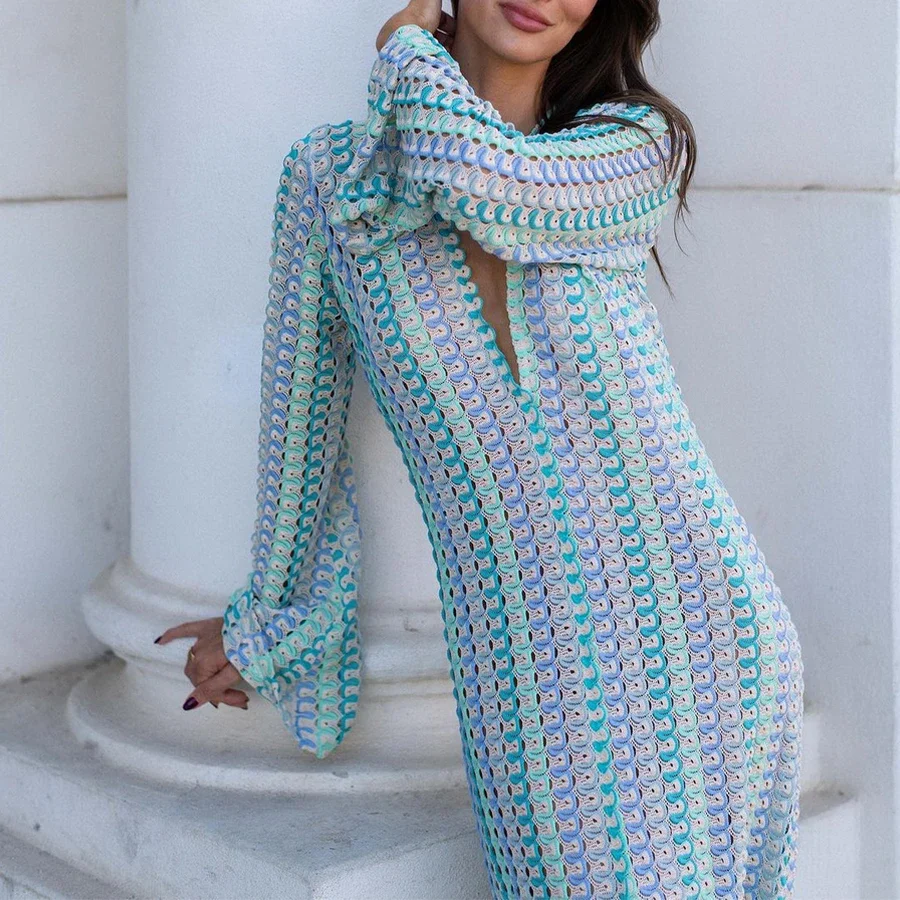 Abito lungo a righe colorate all'uncinetto, abito lungo sexy con spacco alto, abito da festa in spiaggia, gonna da spiaggia, copricostume bikini, giacca da bagno