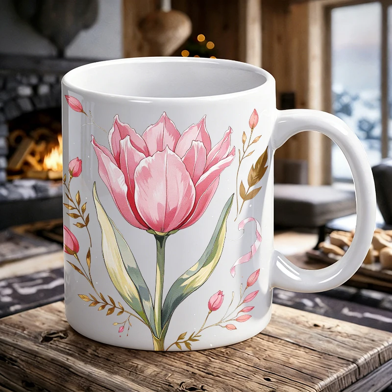 

Pink Watercolor Tulip Ceramic Cup, Coffee Cup, Milk Cup, Office Tea Cup, Drinking Cup, Does Not Fade, Gift for Friends