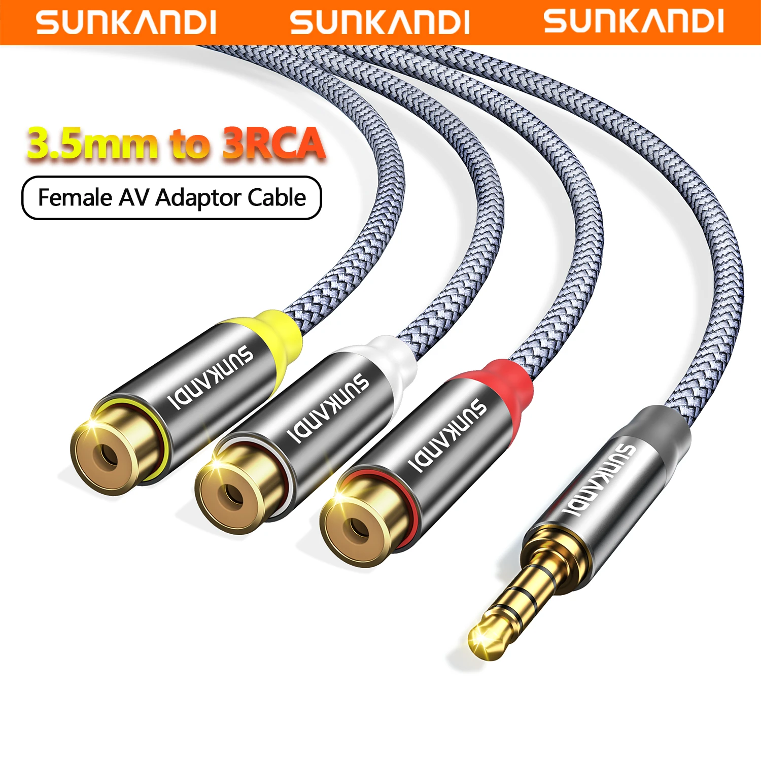 SUNKANDI 3.5 MM to 3 RCA Adapter Audio Video Cable for AV, Audio, Video, LCD TV, HDTV