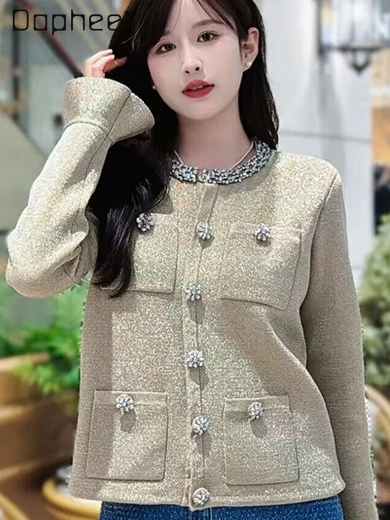 

Luxury Beaded Rhinestone Round Neck Four Pocket Design Fashion Versatile Flared Sleeve Jacket French Elegant Socialite Jackets