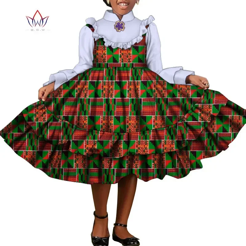 Bintarealwax New Fashion Africa Children Clothing Dashiki Cute Girls Dresses Bazin Ruffles African Traditional Clothing WYT575