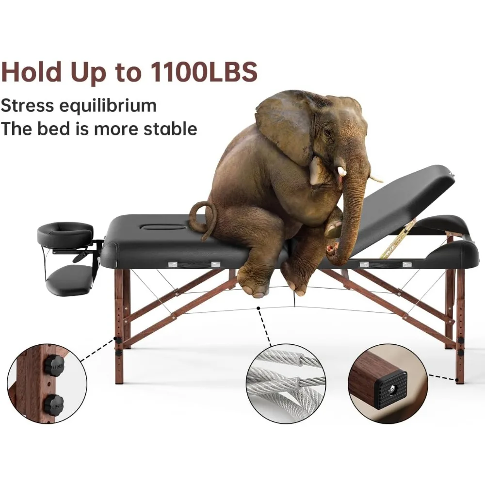 CLORIS 84" Professional Massage Table Portable 3 Fold Reinforced Wooden Leg Hold Up to 1100LBS Premium Spa Salon Tattoo Massage