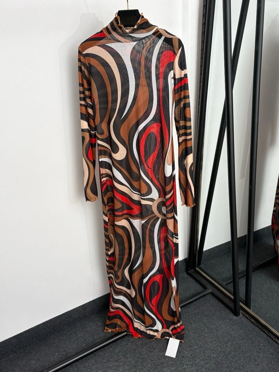 Party fashion elegant geometric color blocked printed floor length skirt, semi high neck slim fit long sleeved mesh dress image 3
