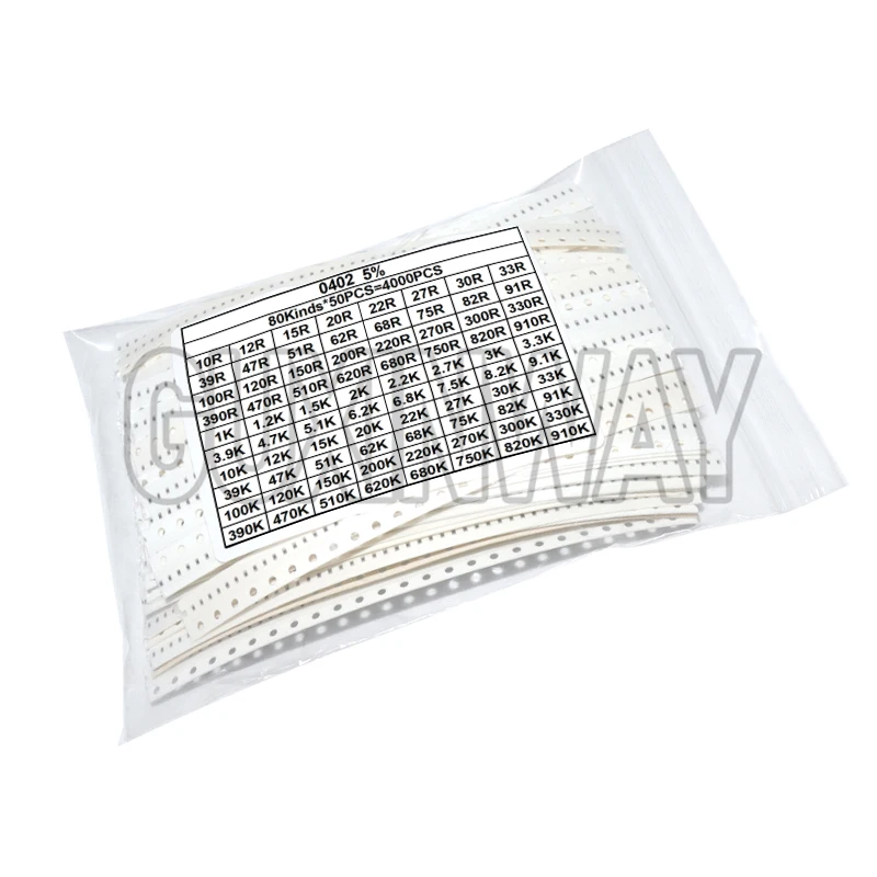 Kit resistore SMD 4000 pezzi 0402 Kit assortito 10ohm-1M ohm 5% 80valuesX 50 pezzi = 4000 pezzi Kit campione