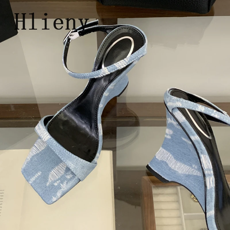 Hlieny Summer Fashion Blue Denim Wedges Slippers Women Square Toe High Heels Sandals Female Party Prom Dress Shoes Zapatos Mujer - view 2