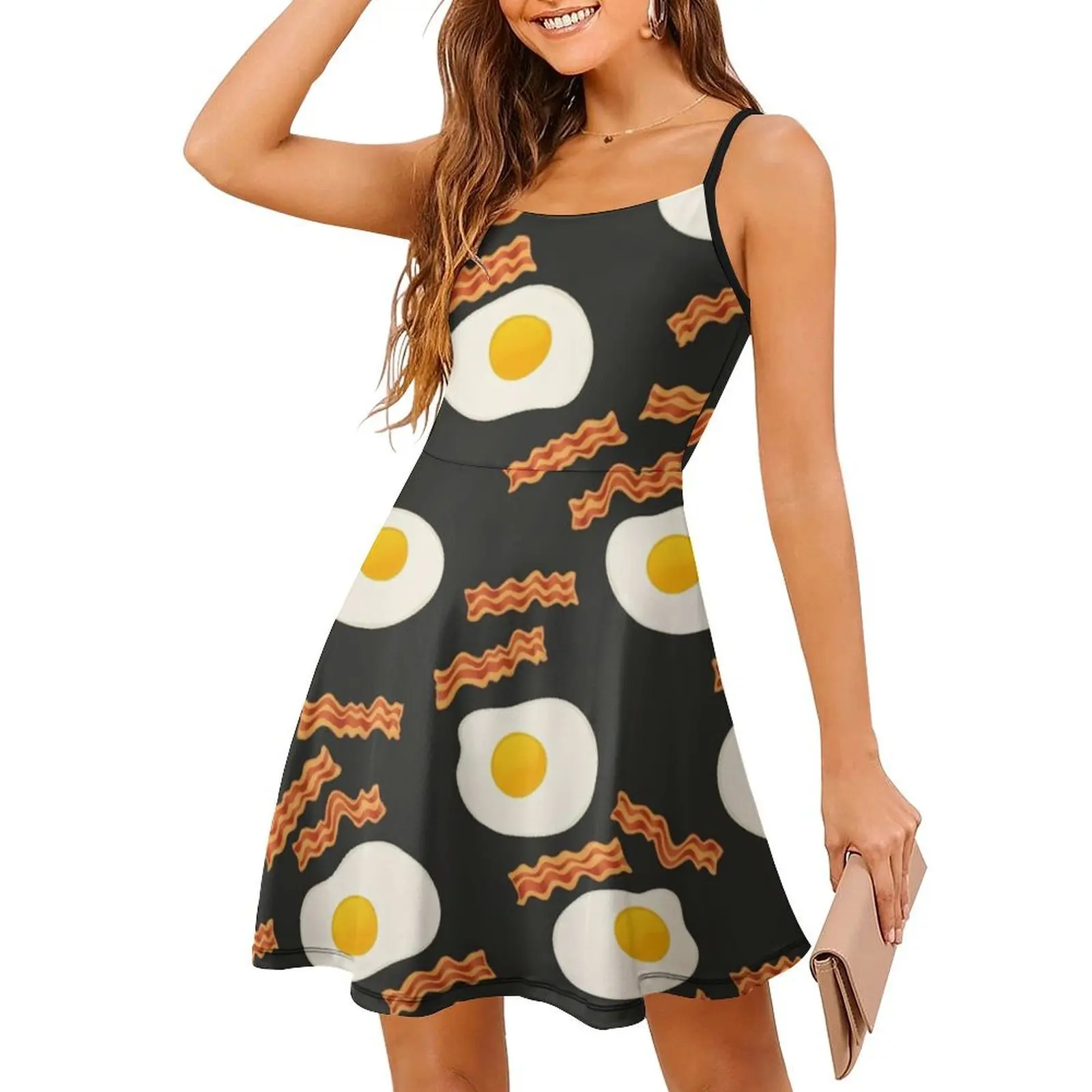 Ovo e beacon boêmio vestido sem mangas para mulheres impressão praia vestidos de festa bacon bacon e ovos porco bacon vestido para