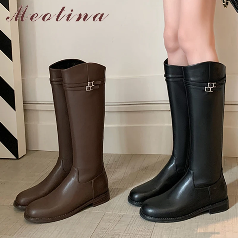 

Meotina Women Genuine Leather Knee High Boots Round Toe Flats Buckle Zipper Long Boots Ladies Fashion Shoes Winter Brown Black