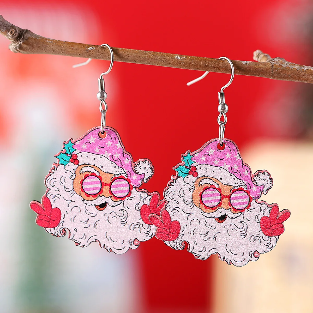 Funny Santa Claus Pendant Earrings New Fashion Father Christmas Glasses Wooden Double-Sided Earring Gifts