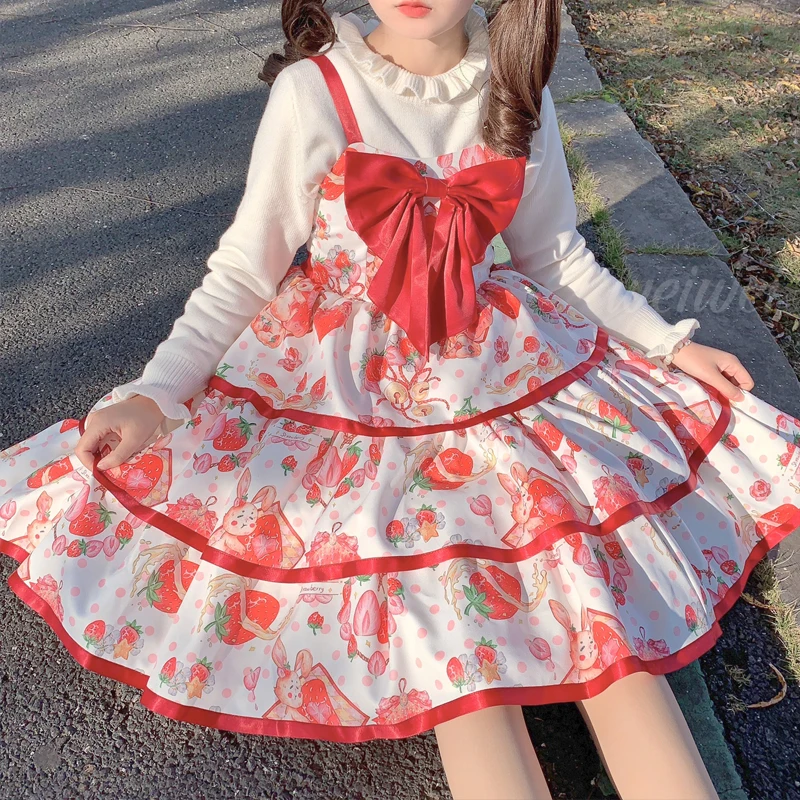 

Japanese Lolita Style Strawberry Girly Women Dress Summer Sweet Kawaii Cute Vintage Ruffle Bow Jsk Strap Ladies Princess Dress