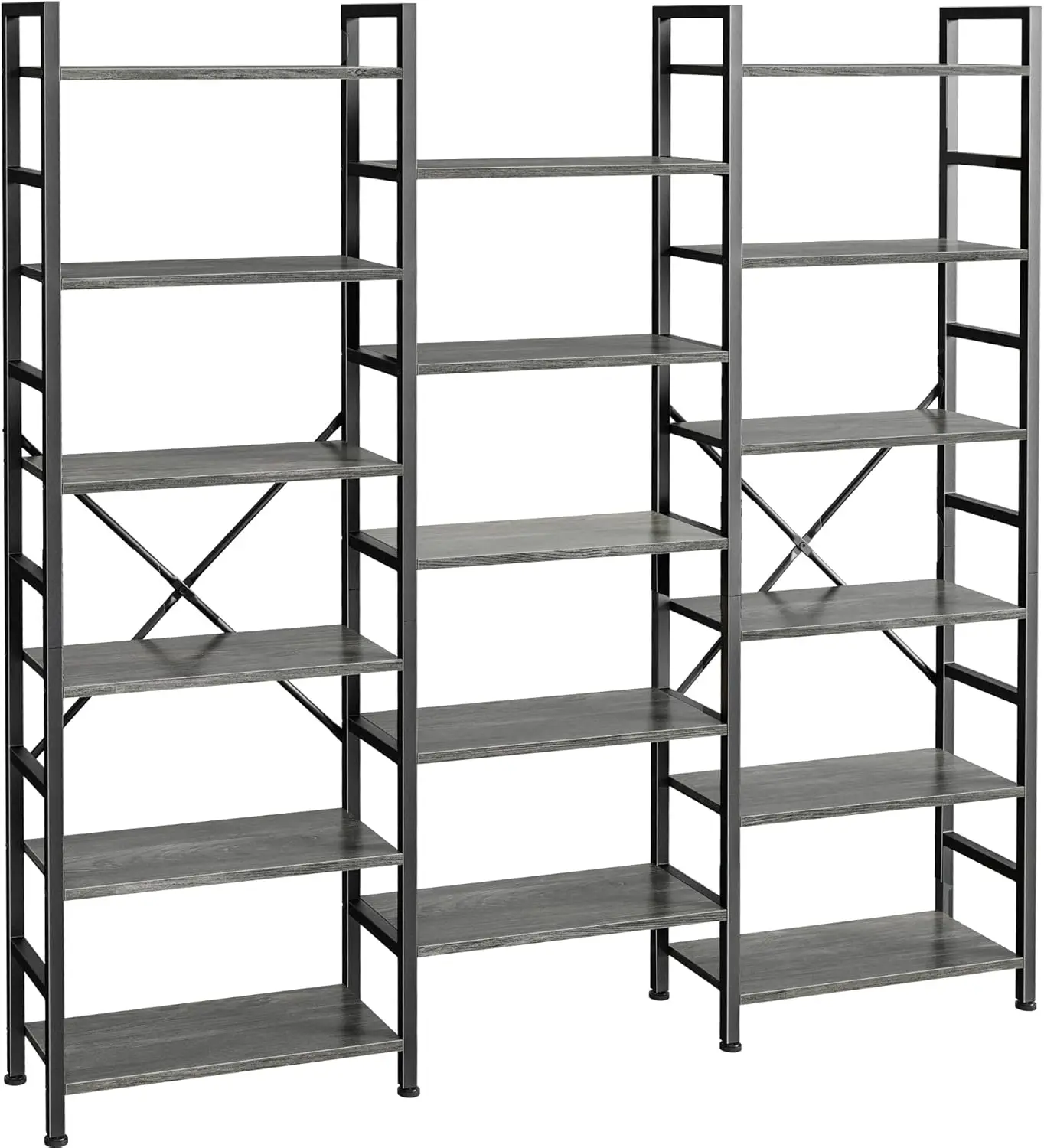 Triple 6 Tier Bookshelf, Bookcase with 17 Open Display Shelves, Wide Book Shelf Book Case for Home & Office, Grey