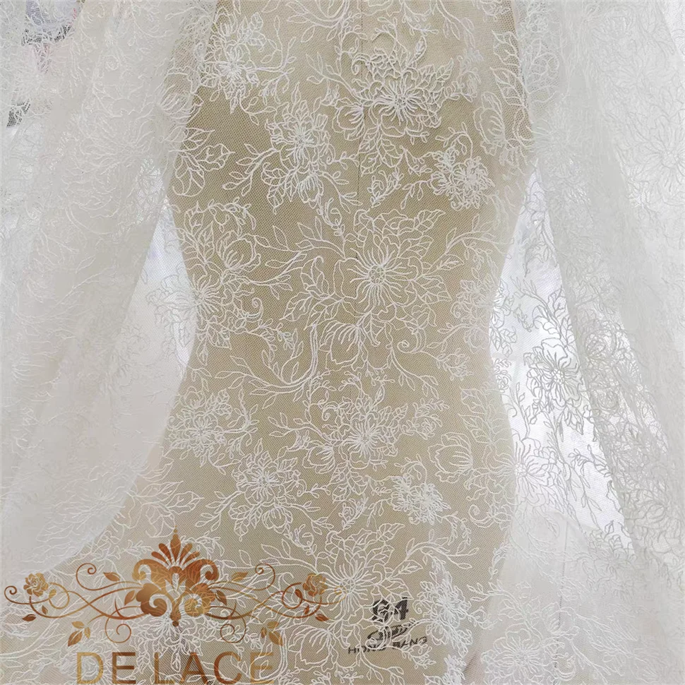 

JZQ Vintage Flower Embroidered Bridal Dress Fabric Elegant Ivory Floral Embroidery Lace for Wedding Dress