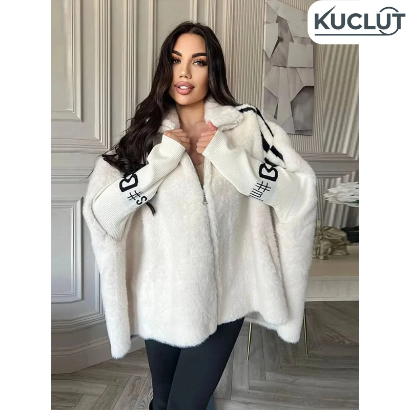 Casual Faux Fur Oversized Hooded Coat For Women Fashion Patchwork Knitted Sleeves Zipper Jacket 2025 Fall Winter Warm Outerwear