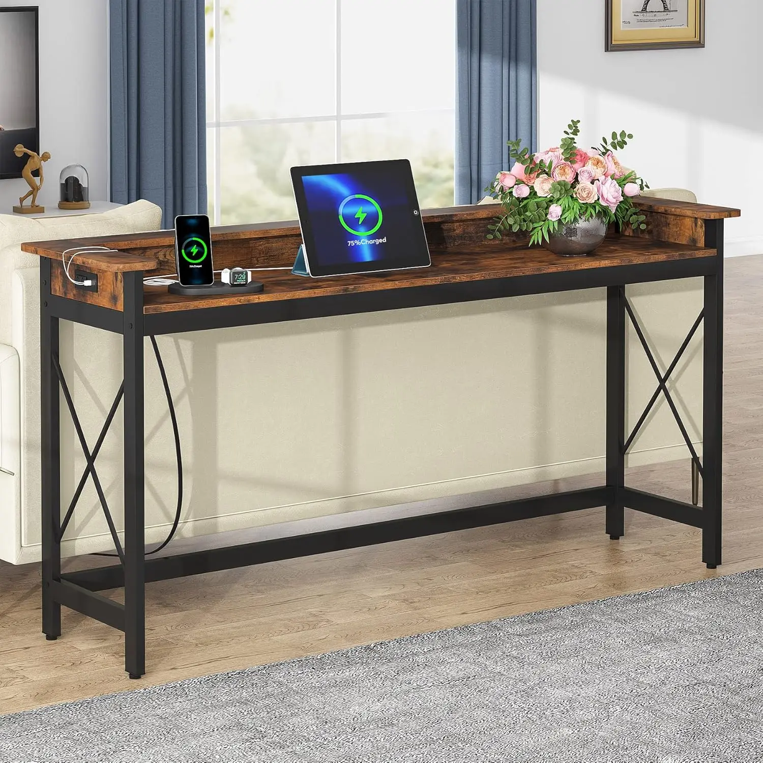 70.9' Industrial Sofa Table with Outlets & USB Ports, Charging Console for Living Room