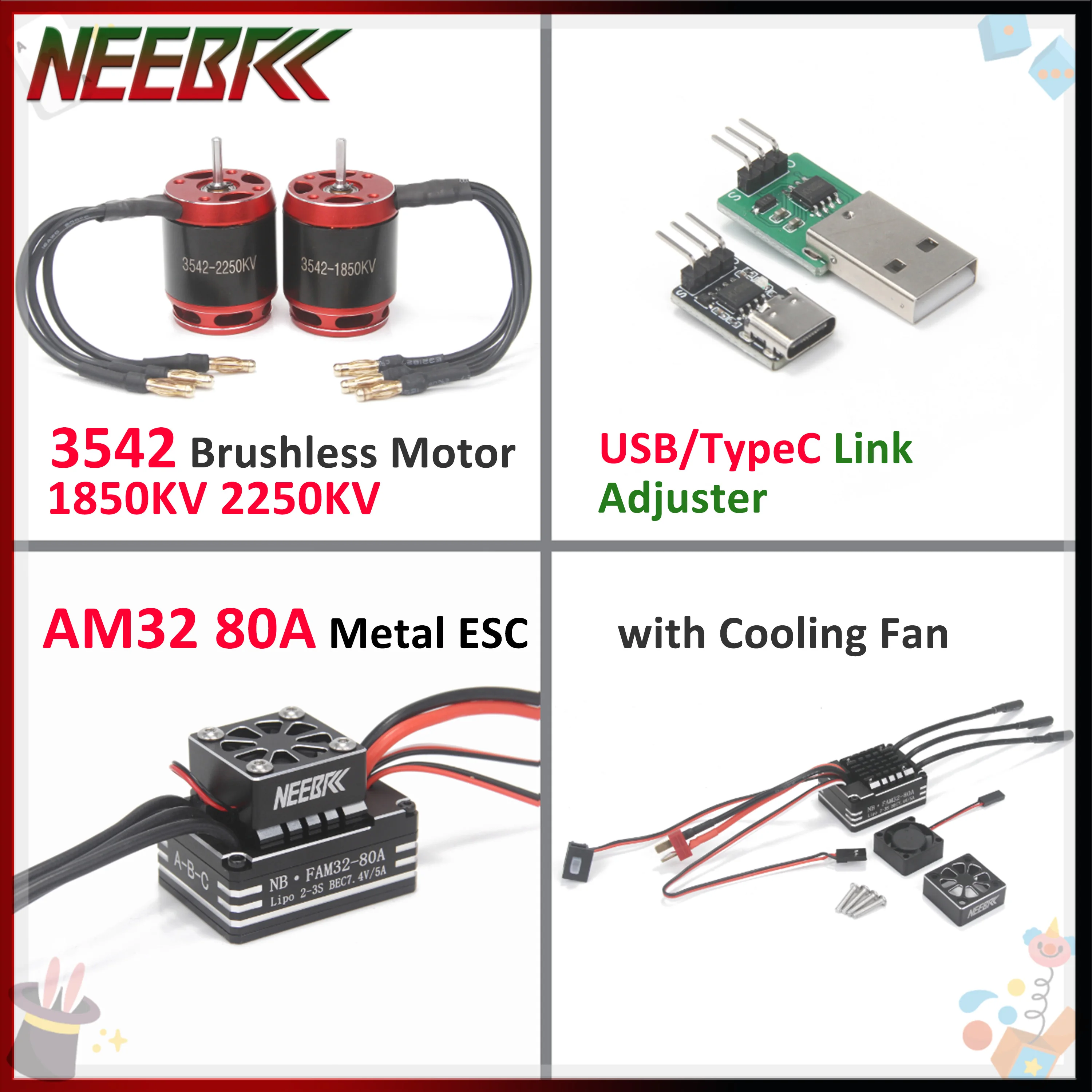 

NEEBRC 3542 1850KV 2250KV Brushless Motor AM32 80A Metal ESC USB/TypeC Adjuster for 1/8 1/10 RC Car Crawler AXIAL SCX10 TRAXXAS