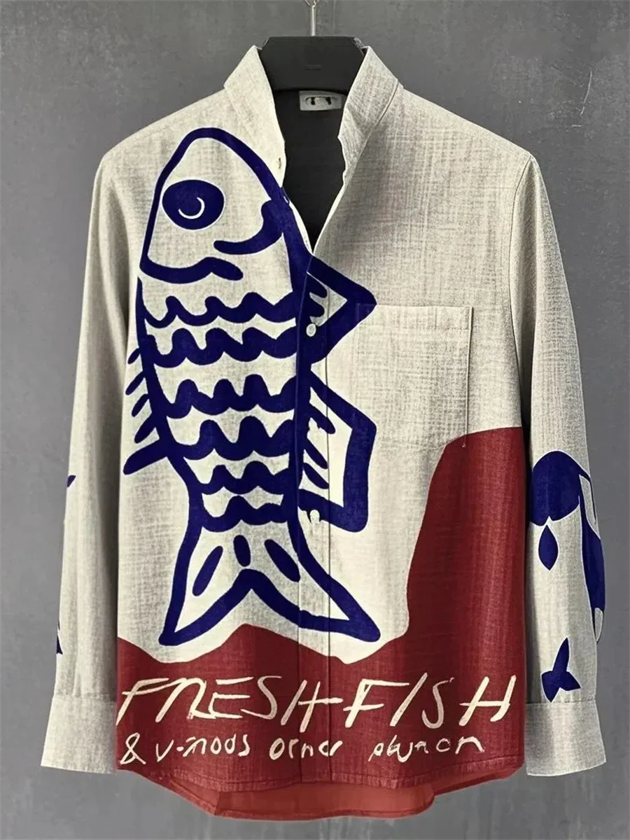 2025 Spring and Summer Men's New Fashion Elegant Fish Pattern Casual Trend Linen Long Sleeve Shirt Button Top Men's Casual Shirt