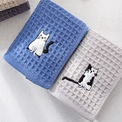 漫画の猫刺繍正方形のフェイスタオル、ワッフル、ハニカム、綿、家庭用バスルーム、子供、30x30cm、1個