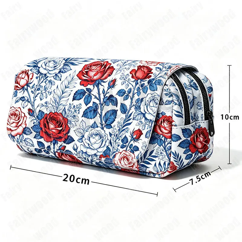 Fashionable Art Floral Pattern Woman Cosmetic Case Roses Women Makeup Bag Pencil Pen Holder Large Stationary School Supplies