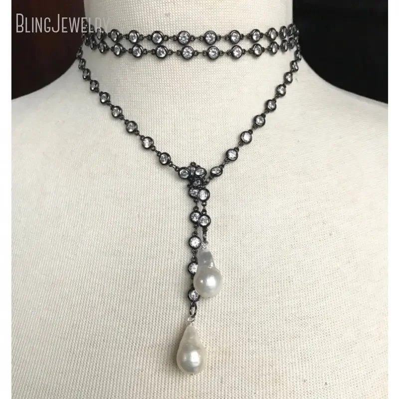 5pcs Baroque Freshwater Pearl Lariat Y Necklace Gunmetal ZirCON Chain Women Collares Jewelry