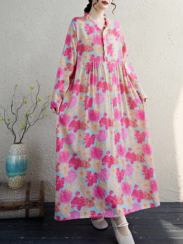 Red Lotus Herbst Neue Retro Baumwolle Leinen Druck Lose Beiläufige Ohr Musoom Rüschen Kragen Lange Sve Maxi Dr Floral Trim