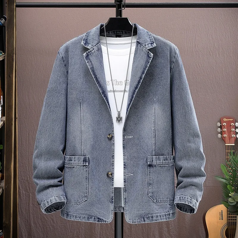 

Мужской джинсовый пиджак из хлопка на осень-зиму, свободный крой, с отложным воротником, повседневный, однотонный, высокого качества, верхняя одежда