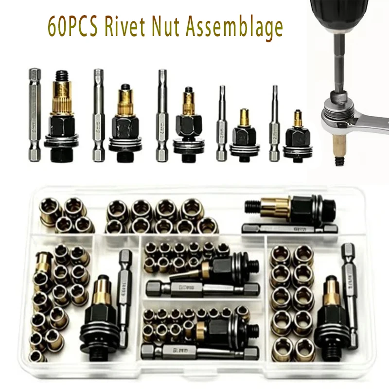 60pcs Hand Rivet Nut Tool Carbon Steel Riveter Rivnuts Gun Adapter with Rivet Nuts Hand Insert Tool M3 M4 M5 M6 M8