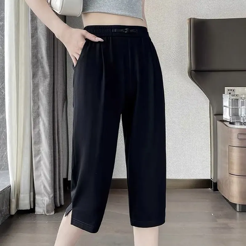 

Basic Summer Thin Haren Pants Solid Color Casual Split High Waist Elastic Women's Clothing Chic Chinese Disc Buckle Capri Pants