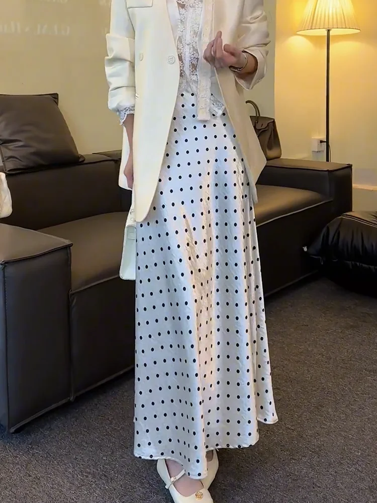 Falda midi acampanada de lunares blancos Ele, cintura alta, nueva colección primavera-verano, estilo coreano, talla grande para mujer