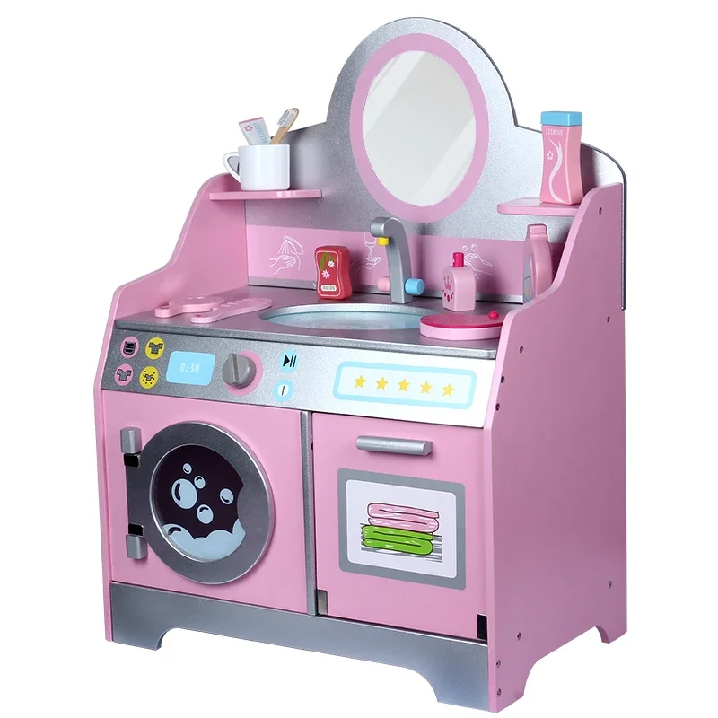 

Girls Makeup Wooden Vanity Play set with Washing Machine and Dress Table for Kids Beauty Set with Makeup Accessories