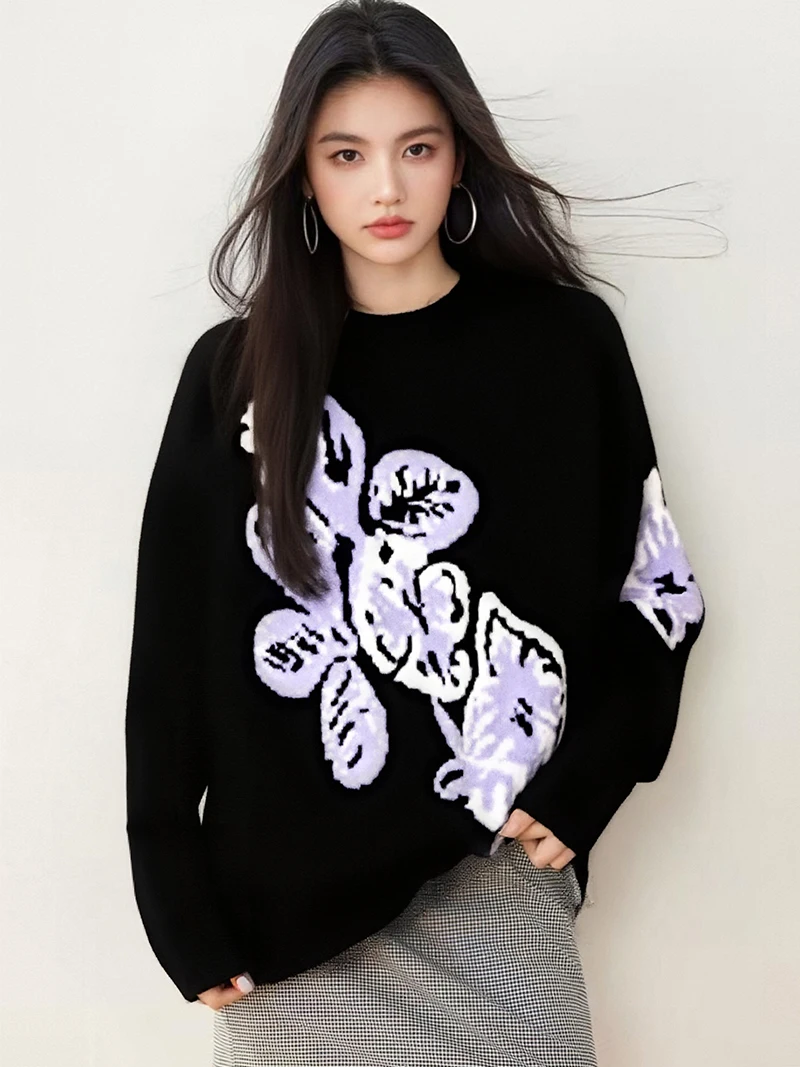 

2025, новинка, европейский, одежда, осень, зима, свободный, свитер, шикарный, сексуальный, с круглым вырезом, принт, цветок, женский, с длинным рукавом, вязаный, пуловер, топы, 510071