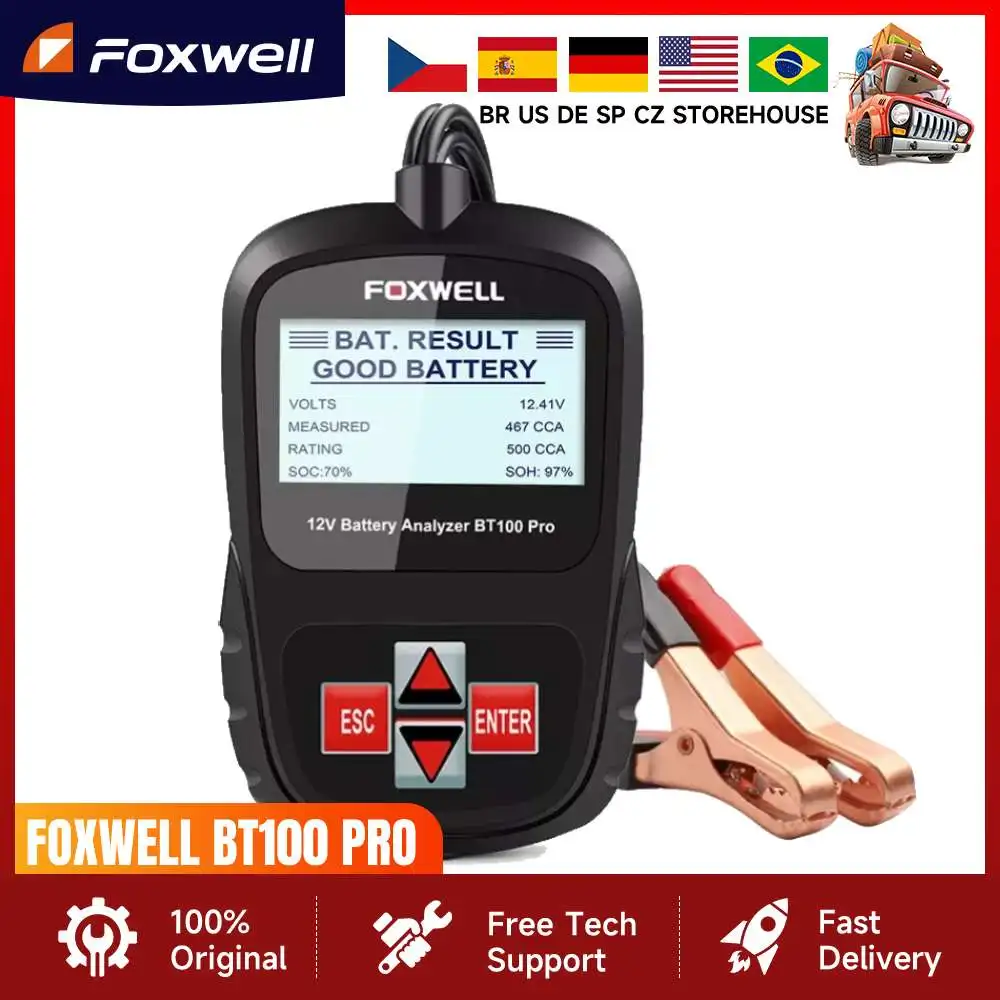 FOXWELL BT100 Pro 12V Car Battery Analyzer for Lead Acid Flooded AGM GEL 12V Digital Battery Tester 100-1100CCA Diagnostic Tools