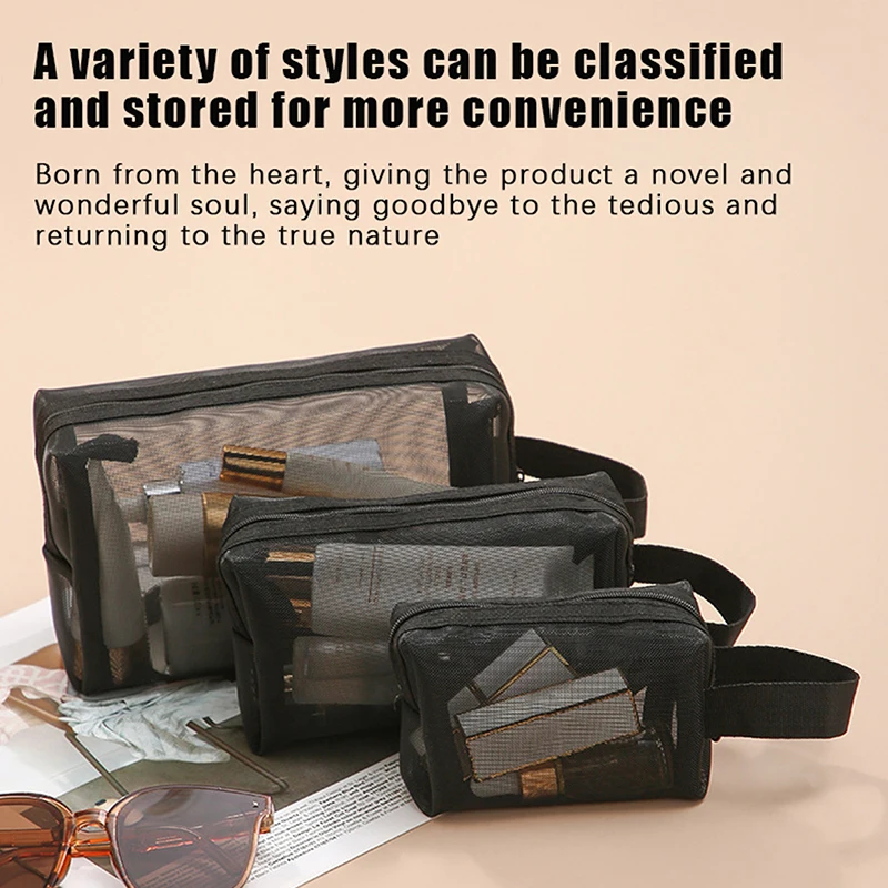 Nylon Black Mesh Cosmetic Bag Handbag Zipper Office Student Pen Bag Multifunctional Storage Bag Different Sizes