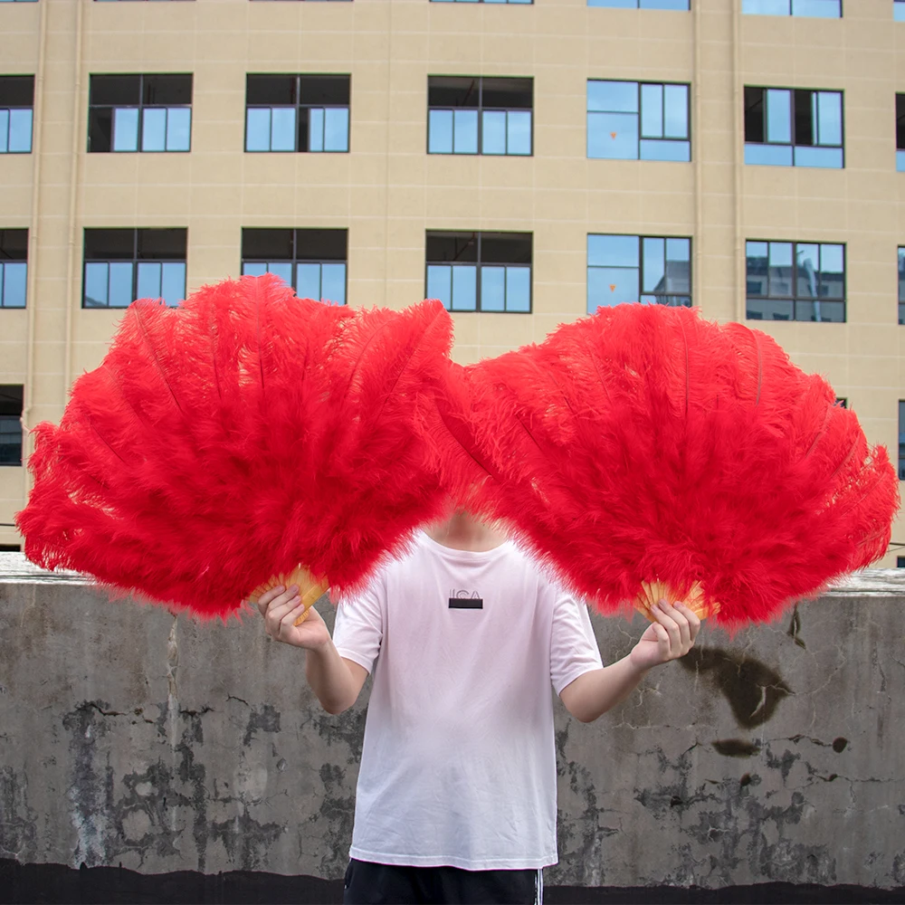 

Customized 13 Ribs Fluffy Ostrich Feathers Fan Carnival Party Wedding Celebration Belly Dance Show DIY Decoration Red Plumes Fan