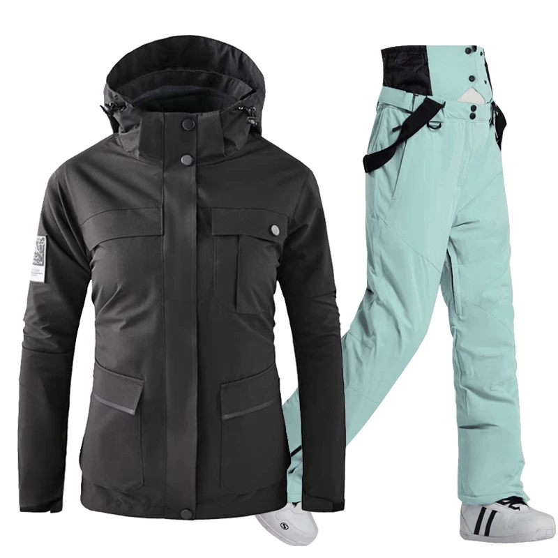 Schneejacke Damen Schneeanzug Sets Wasserdicht Winter Outdoor Wear Snowboard Kleidung Skikostüm Daunenjacken + Trägerhose Mädchen