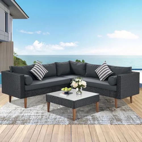 

#4-Pcs Modern Outdoor Wicker Sofa Set-L-Shape Patio Furniture Grey Pillows-Durable Eco-Friendly