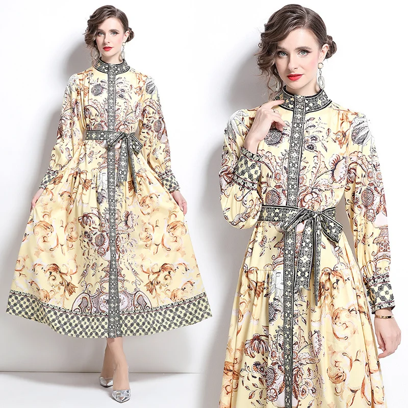 Runway 2025 Spring Full Sleeve Floral Maxi Dress Shirt For Women\'s Single Breasted Palace Design Golden Print Long Dresses Party
