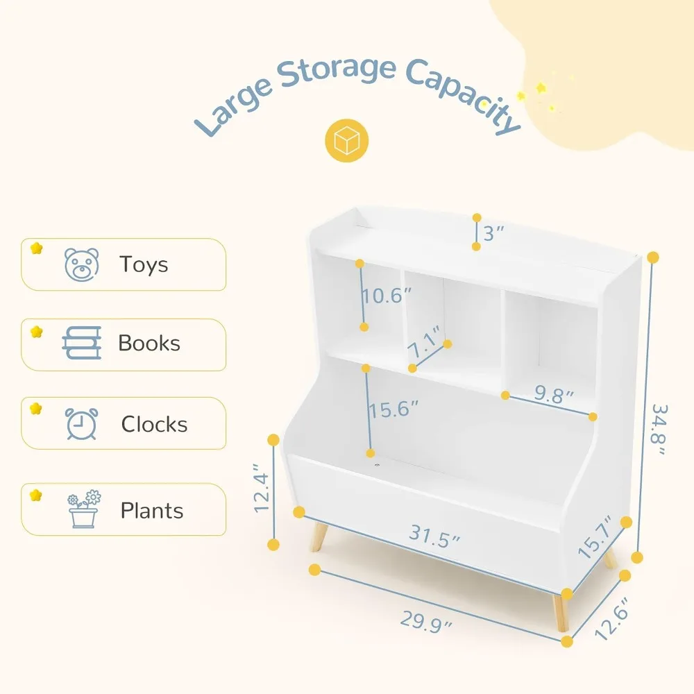 3-Tier Wooden Bookshelf and Toy Storage, Open Bookcase with Spacious Top Shelf, White Large