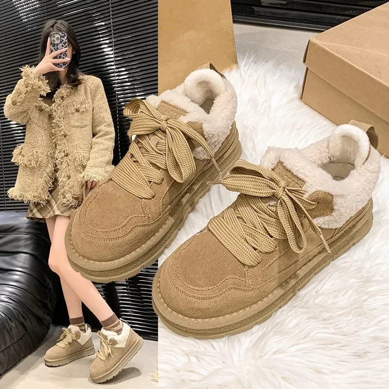 

Women Winter Suede Cotton Shoes 2024New Soft Plush Snow Boots Lace Up Thick-soled Cotton Boots Round Head Flat Botas Para Mujer