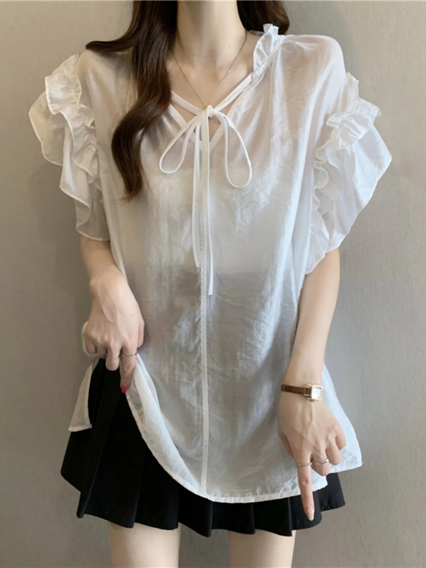 

White Lace Trim Short Sleeve V-Neck Chiffon Shirt Women Summer 2026 plus Size Slimming Design Belted Korean Style Top